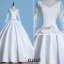 2016 Vintage V-neck Applique Lace Long Sleeves Thick Ruffle Satin Ball Gown Wedding Dress