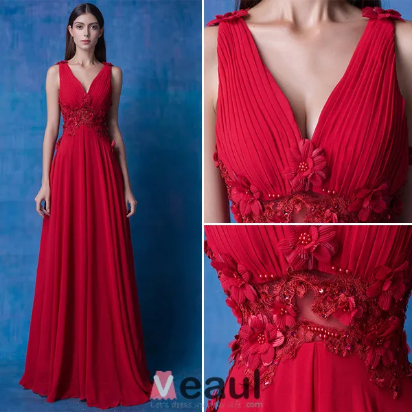 2016 Vackra V-ringad Backless Applikationer Blommor Beading Rufsa Burgundy Chiffong Aftonklänning