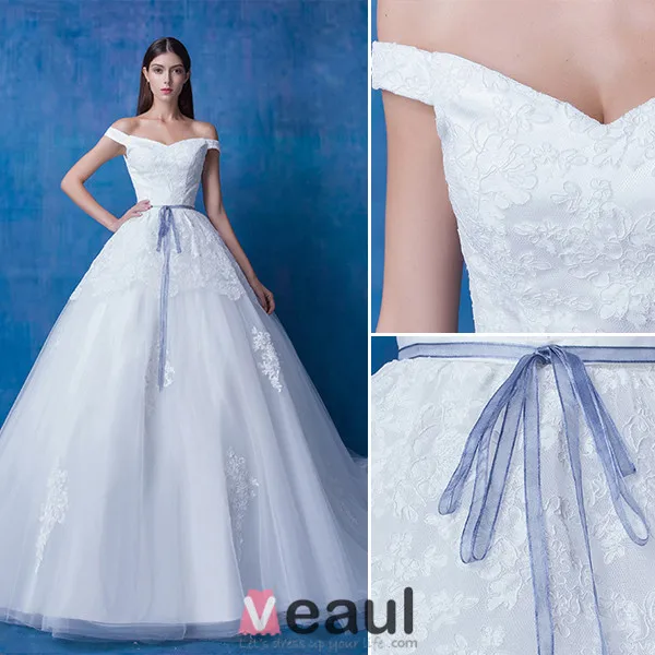 2016 A-line Weg Von Der Schulter Quadratischen Ausschnitt-spitze Organza Brautkleid Mit Langen Schwanzbildung