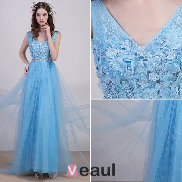 2016 Elegant V-ringad Backless Spets Blommor Himmelsblå Tyll Aftonklänning Med Paljetter Skärp