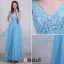 2016 Elegant V-ringad Backless Spets Blommor Himmelsblå Tyll Aftonklänning Med Paljetter Skärp