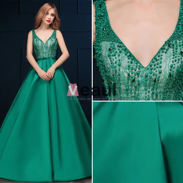2016 Deep V-neck Beaded Lace Backless Dark Green Satin Long Prom Dress