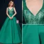 2016 Deep V-neck Beaded Lace Backless Dark Green Satin Long Prom Dress