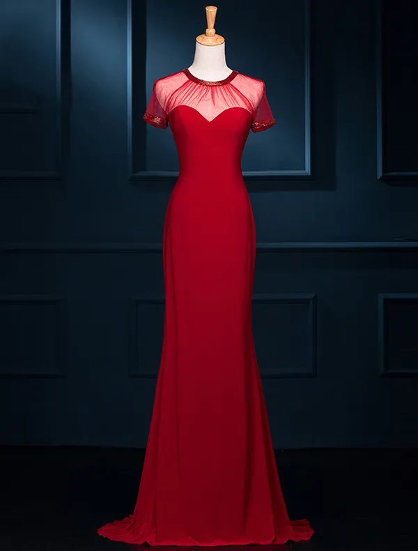 Simple Mermaid Beading Scoop Neckline Backless Red Tulle Evening Dress