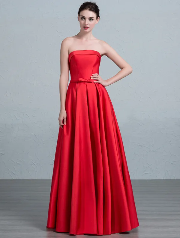 2016 Simple Strapless Ruffles Red Thick Satin Bridesmaid Dress With Bow Sash
