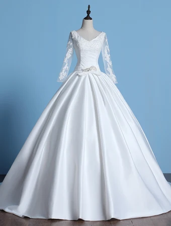 2016 Millésime Appliques De Dentelle V Cou Manches Longues Robe Robe De Bal De Mariage Épaisseur De Satin À Volants