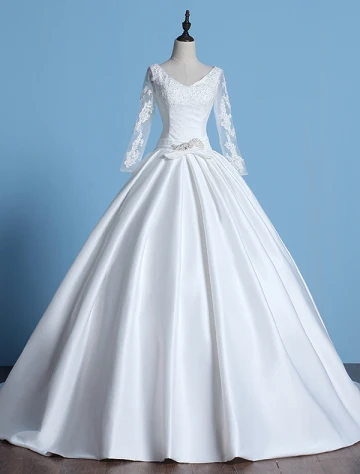 2016 Vintage V Hals Applique Kant Met Lange Mouwen Dikke Ruche Satijnen Baljurk Trouwjurk