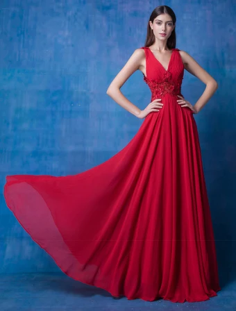 2016 Beautiful V Neck Backless Applique Flowers Beading Ruffle Burgundy Chiffon Evening Dress