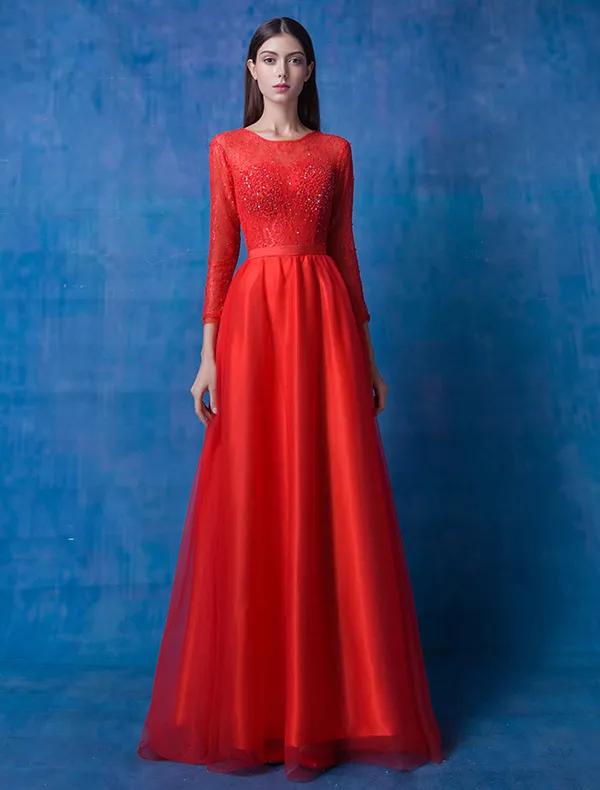 2016 Glamorous Scoop Neckline Long Sleeves Beading Lace Red Organza Evening Dress With Sash