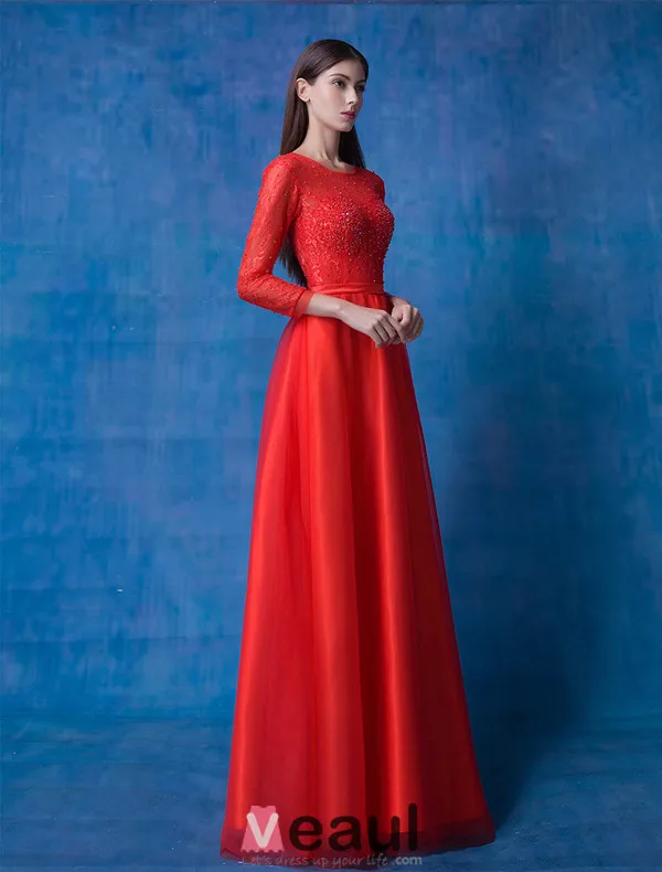 2016 Glamorösa Scoop Urringning Långa Ärmar Beading Spets Röd Organza Aftonklänning Med Skärp