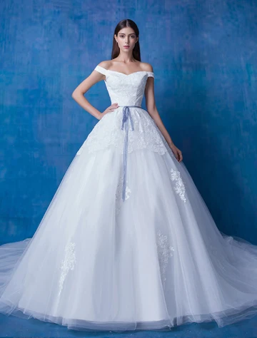 2016 A Line Off The Shoulder Square Neckline Applique Lace Organza Wedding Dress With Long Tailing