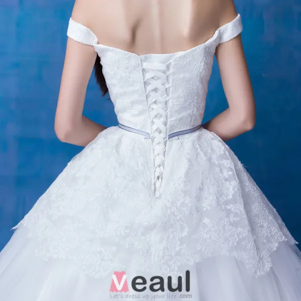 2016 A-line Weg Von Der Schulter Quadratischen Ausschnitt-spitze Organza Brautkleid Mit Langen Schwanzbildung