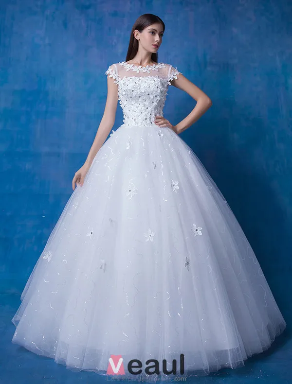 2016 Beautiful Scoop Neckline Short Sleeves Applique Flowers Rhinestone Glitter Organza Wedding Dress