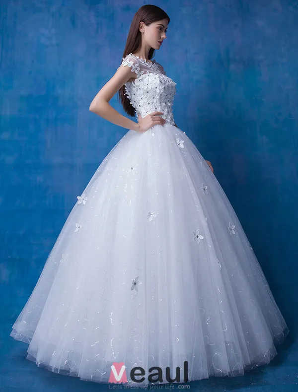 2016 Beautiful Scoop Neckline Short Sleeves Applique Flowers Rhinestone Glitter Organza Wedding Dress