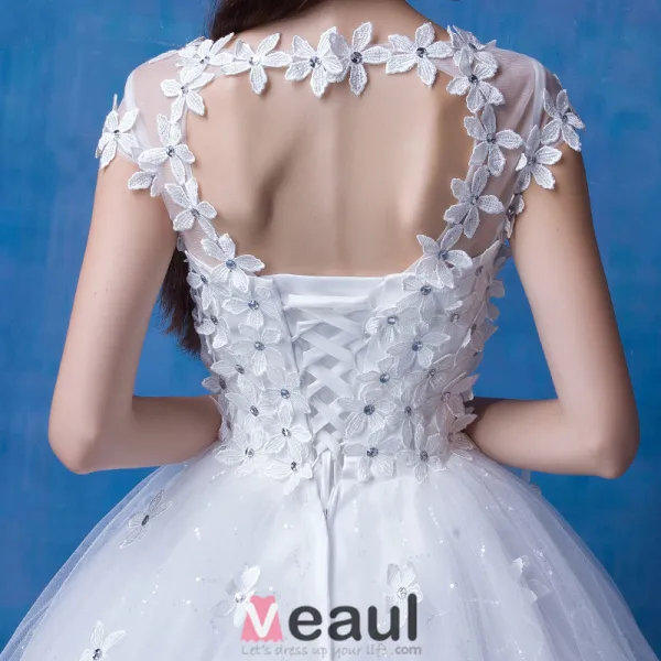 2016 Beautiful Scoop Neckline Short Sleeves Applique Flowers Rhinestone Glitter Organza Wedding Dress