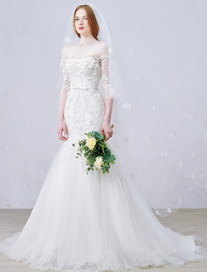 2016 Sirène Magnifique Fleurs Encolure Carrée Appliques De Dentelle Robe De Mariée Avec Ceinture