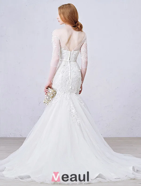 2016 Stunning Mermaid Square Neckline Applique Flowers Lace Wedding Dress With Sash