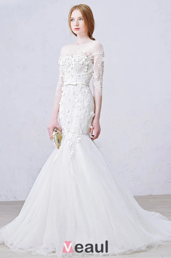 2016 Stunning Mermaid Square Neckline Applique Flowers Lace Wedding Dress With Sash