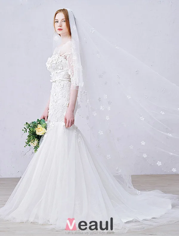2016 Stunning Mermaid Square Neckline Applique Flowers Lace Wedding Dress With Sash