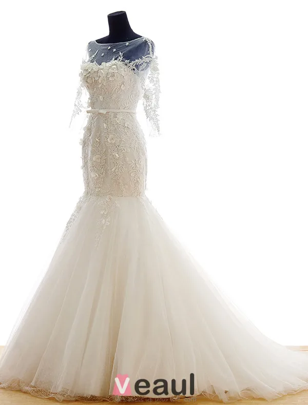 2016 Stunning Mermaid Square Neckline Applique Flowers Lace Wedding Dress With Sash