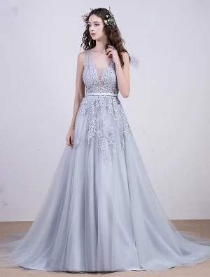 2016 Élégant Col En V Manches Appliques De Dentelle Dos Nu Robe De Soirée En Tulle Gris Avec Perles Perles Et De Paillettes