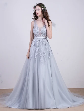 2016 Elegant V Neck Sleeveless Applique Lace Backless Grey Tulle Evening Dress With Beading Pearl And Sequins