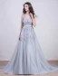 2016 Elegant V-neck Sleeveless Applique Lace Backless Grey Tulle Evening Dress With Beading Pearl And Sequins
