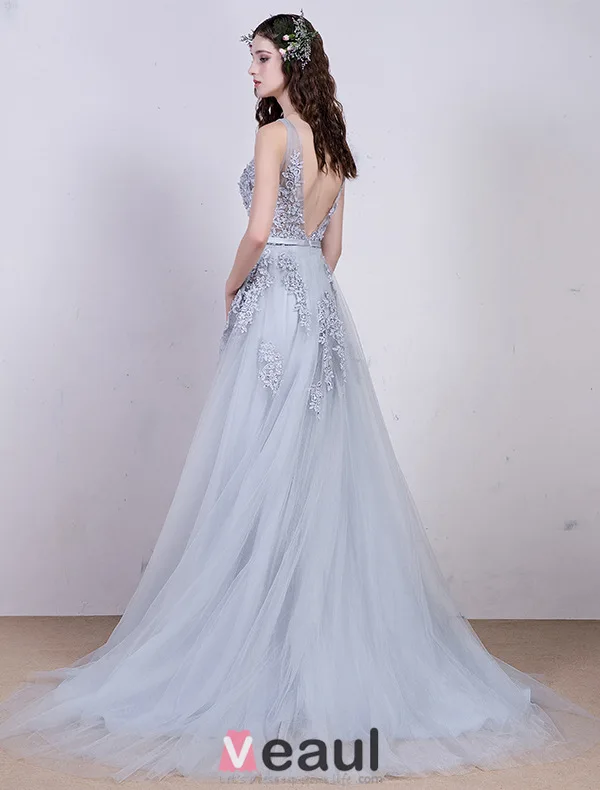 2016 Elegant V-neck Sleeveless Applique Lace Backless Grey Tulle Evening Dress With Beading Pearl And Sequins