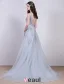 2016 Elegant V-neck Sleeveless Applique Lace Backless Grey Tulle Evening Dress With Beading Pearl And Sequins