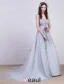 2016 Elegant V-neck Sleeveless Applique Lace Backless Grey Tulle Evening Dress With Beading Pearl And Sequins