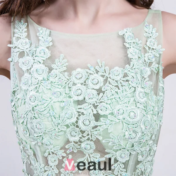 2016 Vackra Torget Halsen Applique Spets Blommor Lång Organza Aftonklänning Med Paljetter