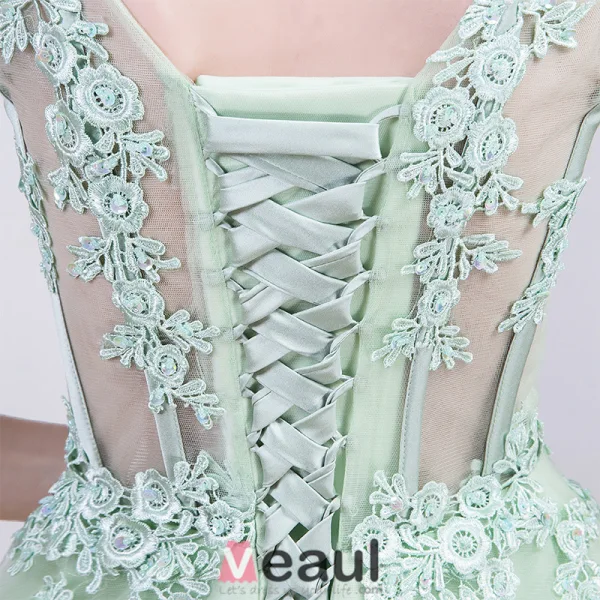 2016 Vackra Torget Halsen Applique Spets Blommor Lång Organza Aftonklänning Med Paljetter