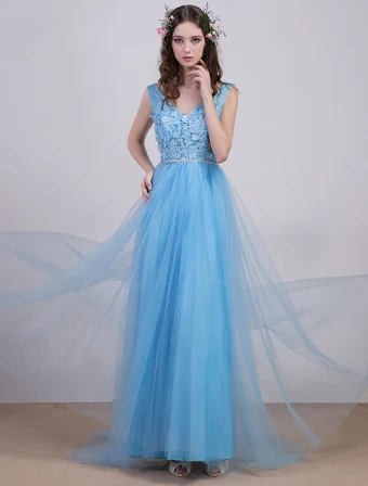2016 Eleganter V Ansatz Backless Spitze Blüten Himmel Blau Tüll Abendkleid Mit Pailletten Schärpe