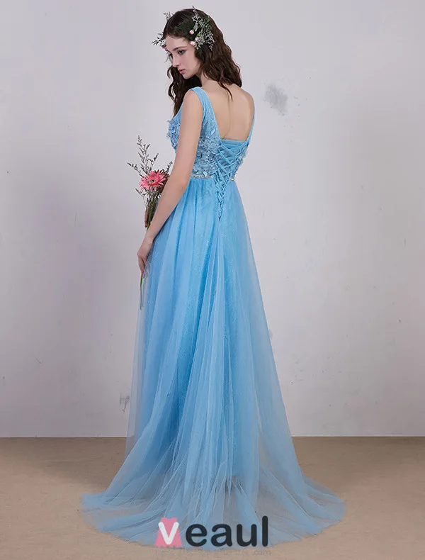 2016 Elegant V-ringad Backless Spets Blommor Himmelsblå Tyll Aftonklänning Med Paljetter Skärp