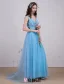 2016 Elegant V-ringad Backless Spets Blommor Himmelsblå Tyll Aftonklänning Med Paljetter Skärp