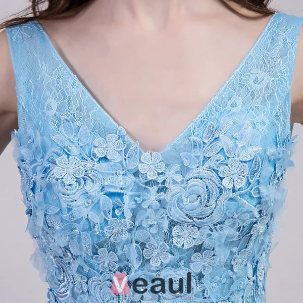 2016 Elegant V-ringad Backless Spets Blommor Himmelsblå Tyll Aftonklänning Med Paljetter Skärp