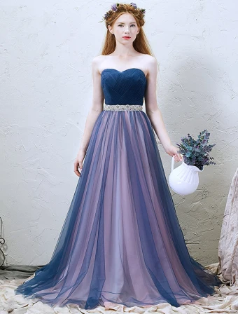 2016 Classic Pleated Sweetheart Neckline Strapless Backless Blue Tulle Long Prom Dress With Ringstone Sash