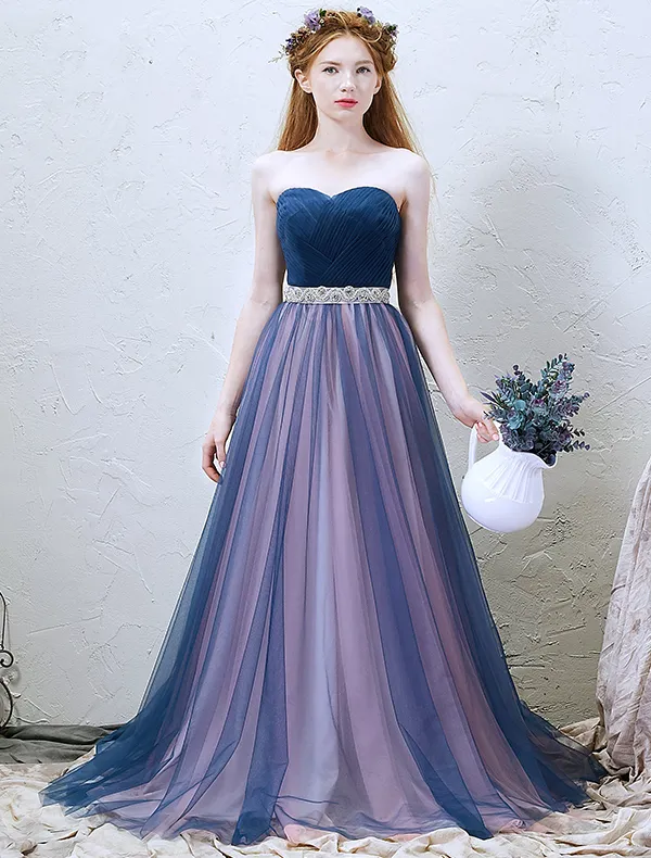 2016 Classic Pleated Sweetheart Neckline Strapless Backless Blue Tulle Long Prom Dress With Ringstone Sash