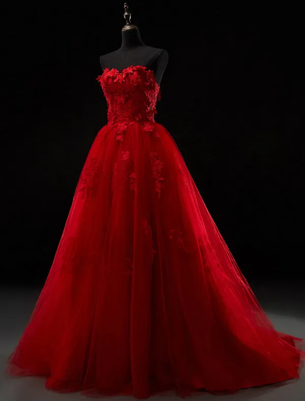 2016 Beautiful Strapless Sweetheart Applique Thick Lace Red Tulle Wedding Dress With Sweep Train