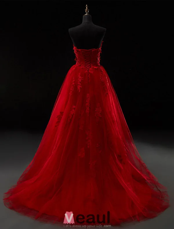 2016 Belle Sweetheart Appliques De Dentelle Épaisse Robe De Mariée En Tulle Rouge Avec Train De Balayage