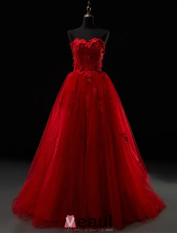 2016 Belle Sweetheart Appliques De Dentelle Épaisse Robe De Mariée En Tulle Rouge Avec Train De Balayage