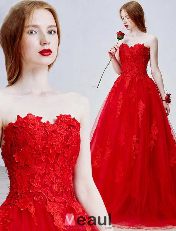 2016 Belle Sweetheart Appliques De Dentelle Épaisse Robe De Mariée En Tulle Rouge Avec Train De Balayage