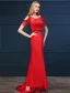2016 Élégant Décolleté Carré Manches Bordées Robe De Soirée Dos Nu En Satin Rouge Avec Des Paillettes Ceinture