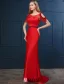 2016 Élégant Décolleté Carré Manches Bordées Robe De Soirée Dos Nu En Satin Rouge Avec Des Paillettes Ceinture