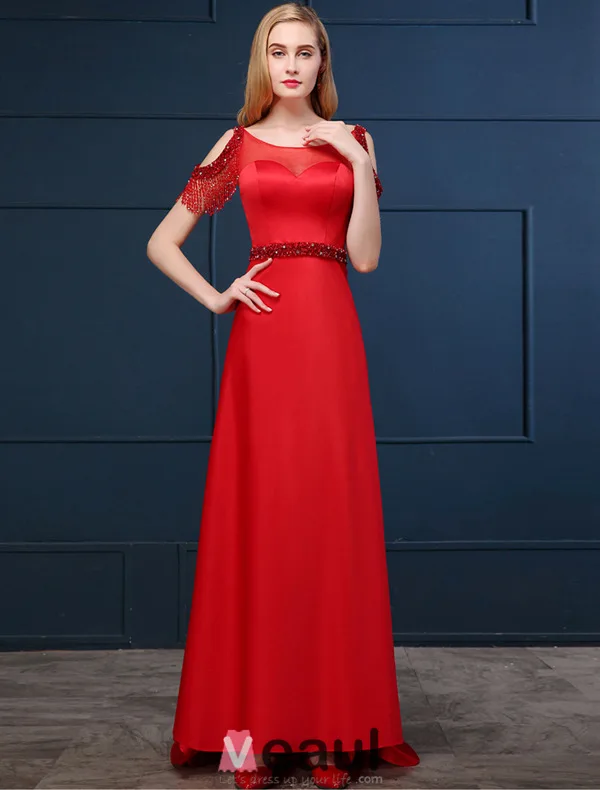 2016 Élégant Décolleté Carré Manches Bordées Robe De Soirée Dos Nu En Satin Rouge Avec Des Paillettes Ceinture