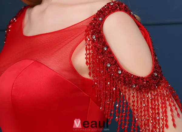 2016 Élégant Décolleté Carré Manches Bordées Robe De Soirée Dos Nu En Satin Rouge Avec Des Paillettes Ceinture