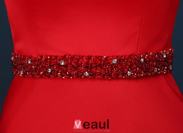 2016 Élégant Décolleté Carré Manches Bordées Robe De Soirée Dos Nu En Satin Rouge Avec Des Paillettes Ceinture