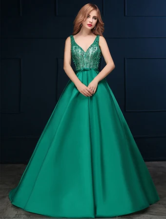 2016 Deep V Neck Beaded Lace Backless Dark Green Satin Long Prom Dress