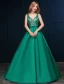 2016 Deep V-neck Beaded Lace Backless Dark Green Satin Long Prom Dress