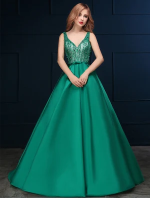 2016 Deep V Neck Beaded Lace Backless Dark Green Satin Long Prom Dress